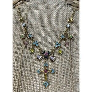 VTG Gold-Tone Cross Necklace Blue Pink Green Rhinestones Heart Charms Fairycore